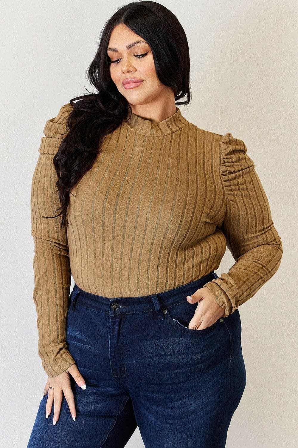 Ribbed mock neck top with puff sleeves - Love Salve